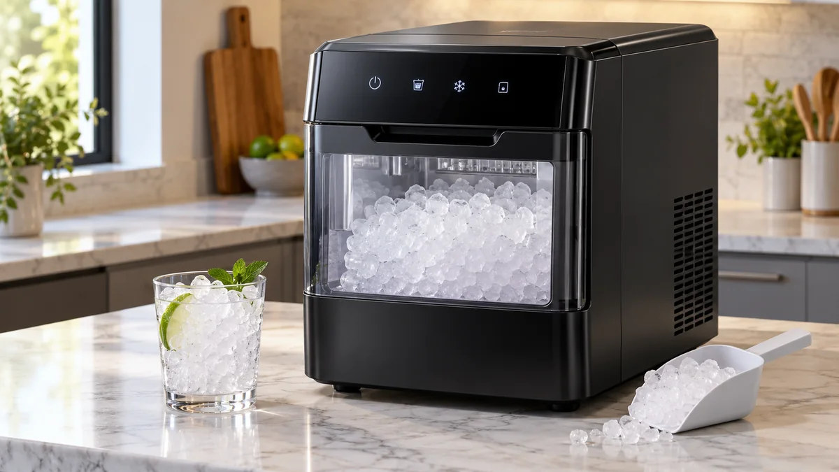 Illustrative countertop nugget ice maker on a kitchen counter; AI-generated conceptual image, not a specific model.