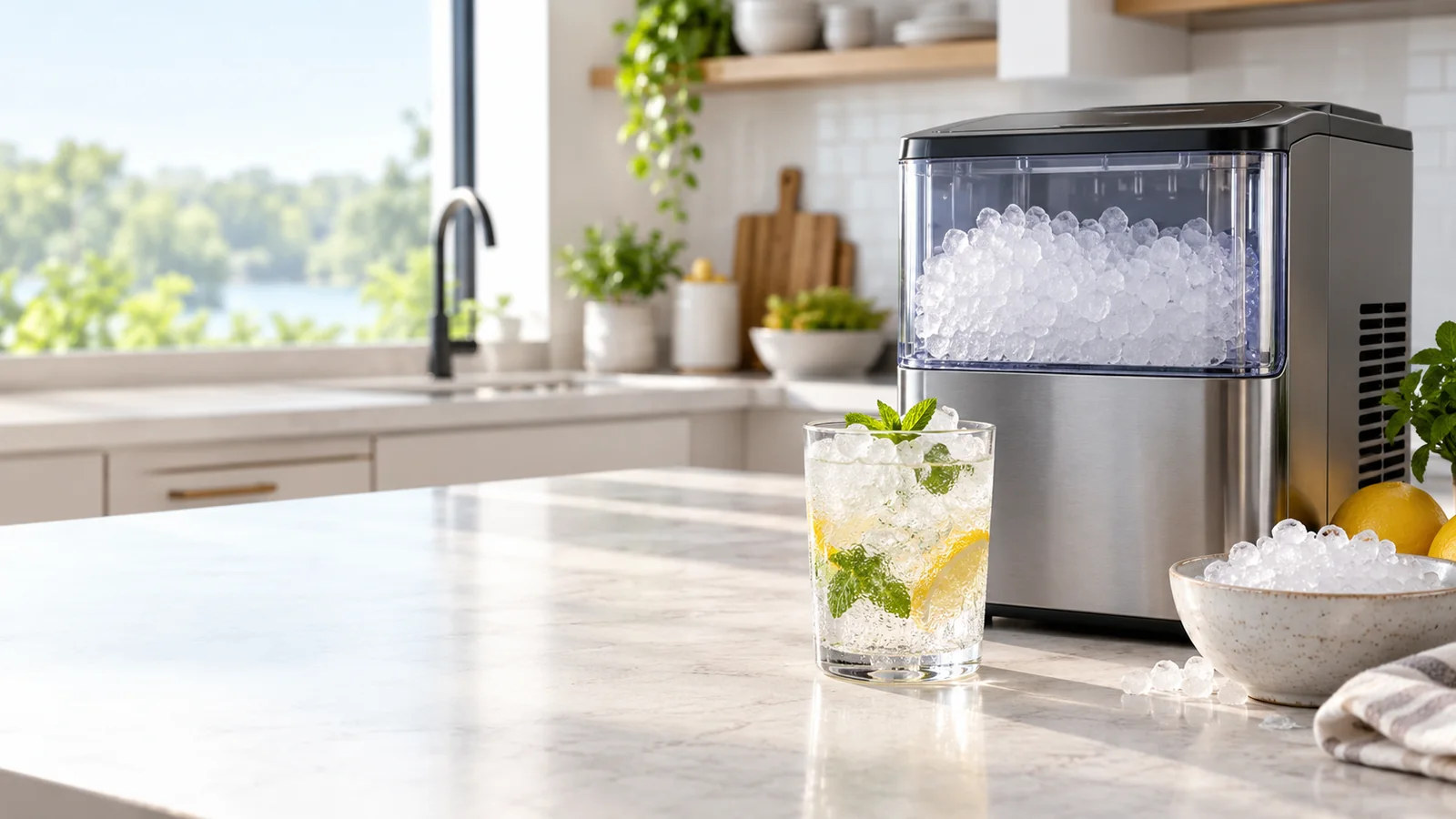 Illustrative countertop nugget ice maker in a kitchen with surrounding counter space