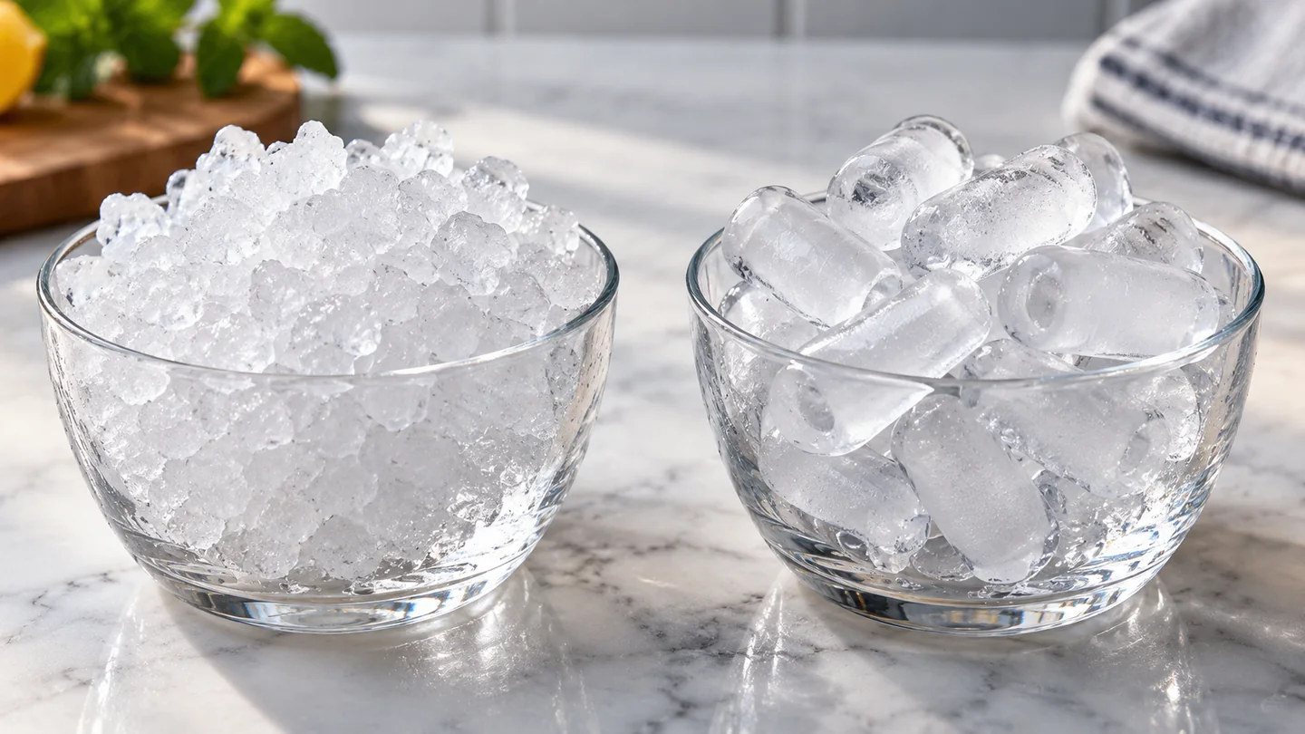 Illustrative comparison of nugget ice and hollow bullet-shaped ice in glass bowls on a kitchen counter.